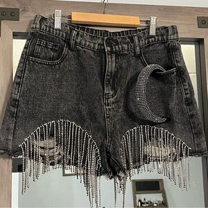 Stylish Black Denim Shorts with Rhinestone Fringe and matching headband